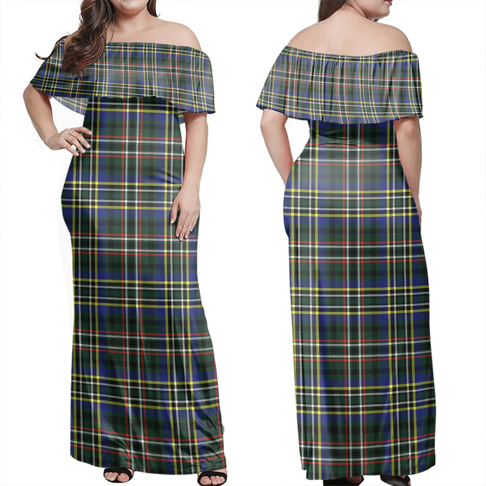 Scott Green Modern Tartan Off Shoulder Long Dress