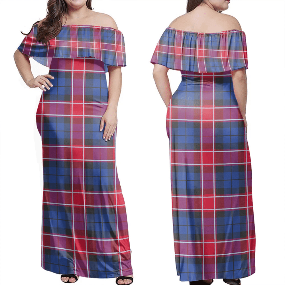 Graham Of Menteith Red Tartan Off Shoulder Long Dress