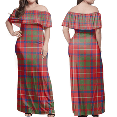 Shaw Red Modern Tartan Off Shoulder Long Dress