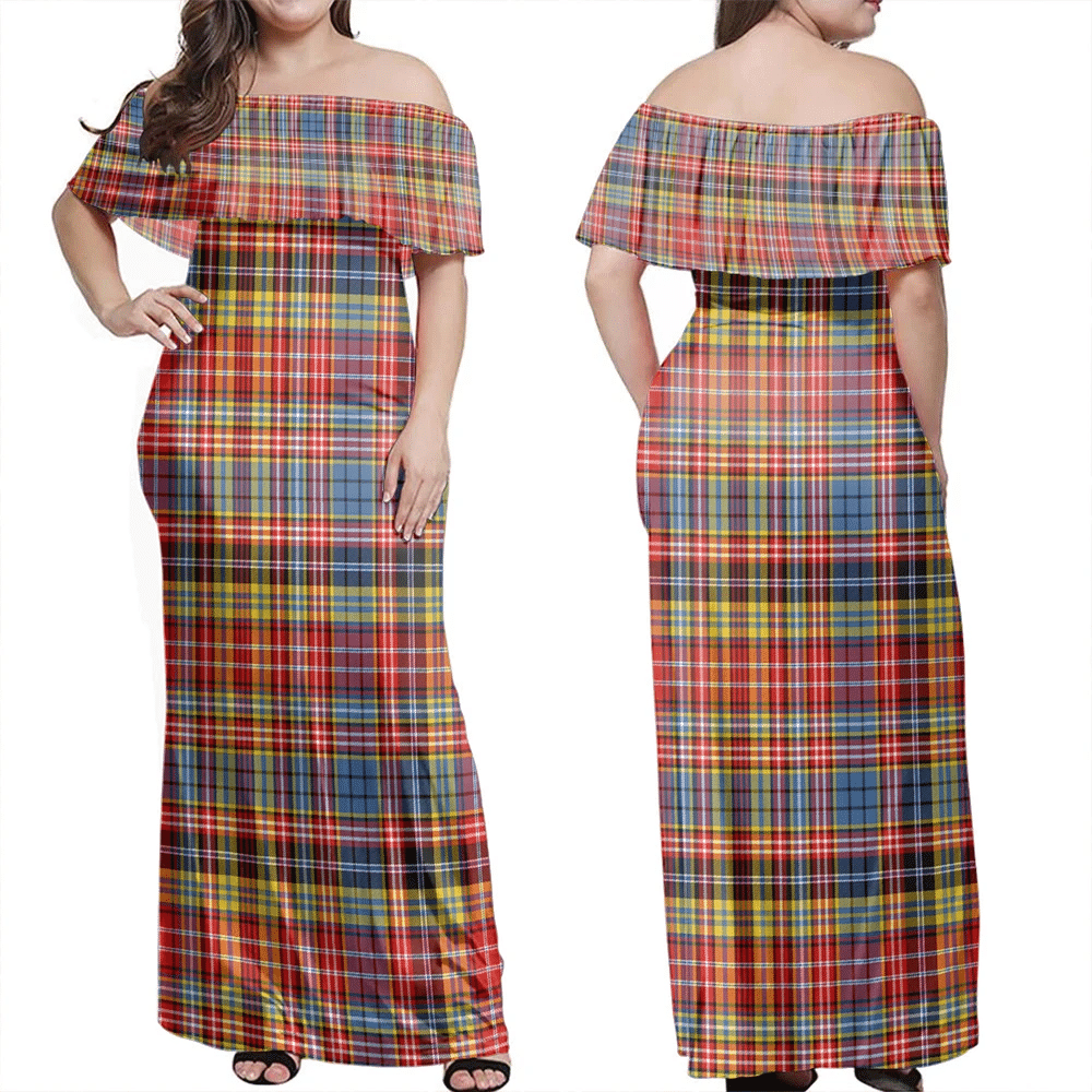 Drummond Of Strathallan Tartan Off Shoulder Long Dress