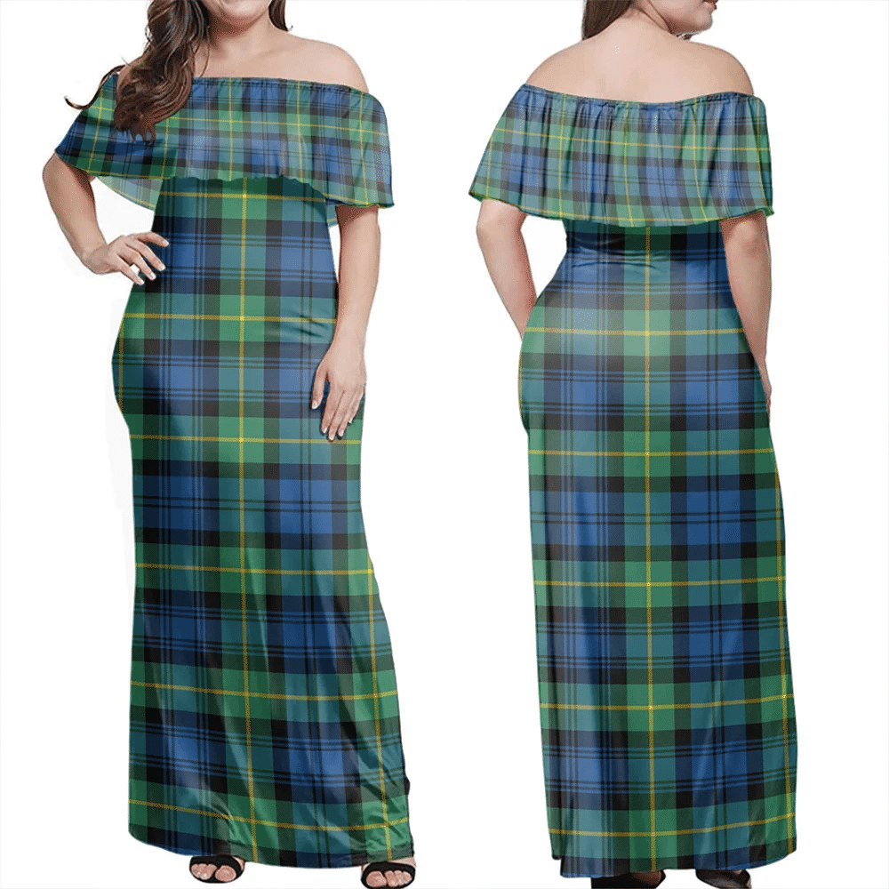 Gordon Ancient Tartan Off Shoulder Long Dress