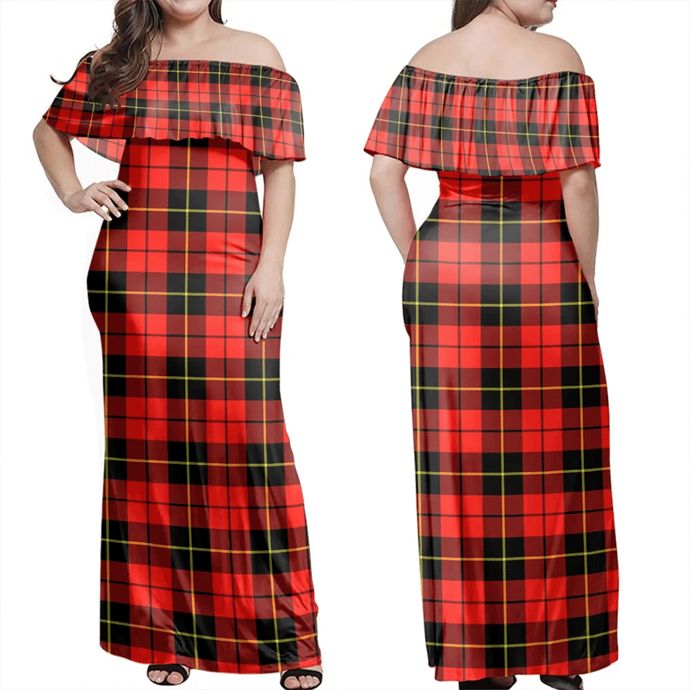 Wallace Hunting Red Tartan Off Shoulder Long Dress