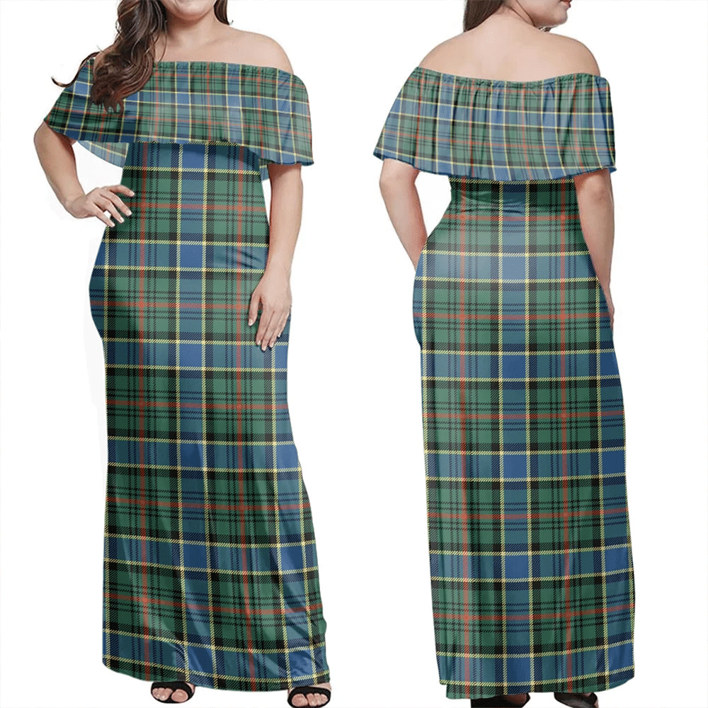 Ogilvie Hunting Ancient Tartan Off Shoulder Long Dress