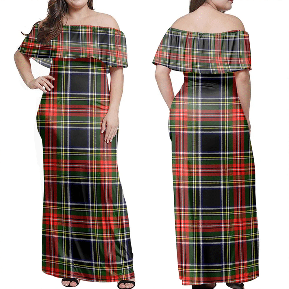 Stewart Black Tartan Off Shoulder Long Dress