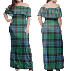 Stewart Old Ancient Tartan Off Shoulder Long Dress