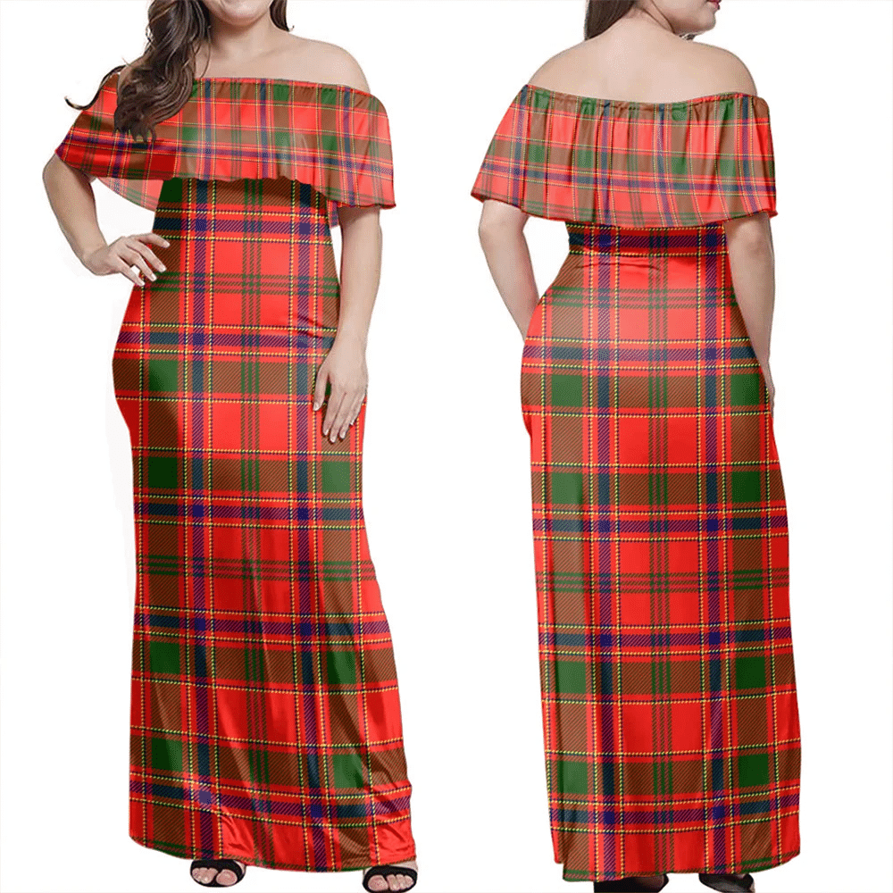 Munro Modern Tartan Off Shoulder Long Dress