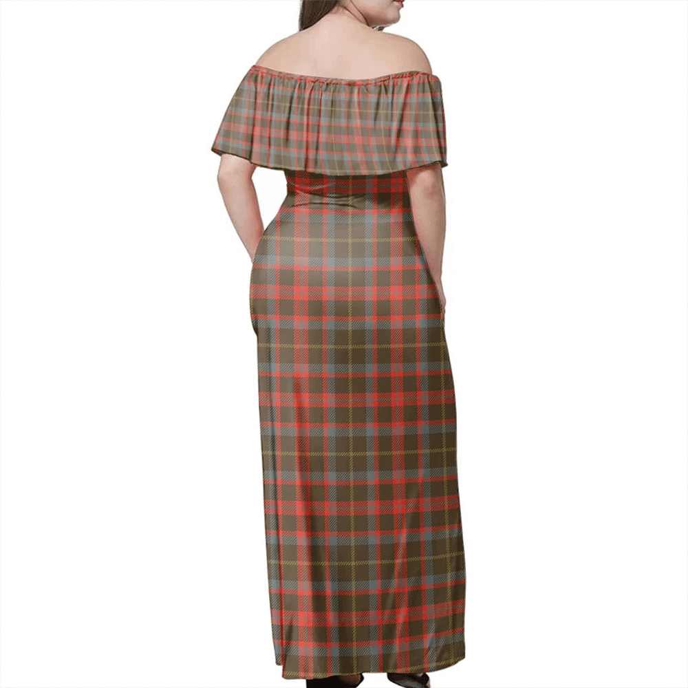 MacKintosh Hunting Weathered Tartan Off Shoulder Long Dress