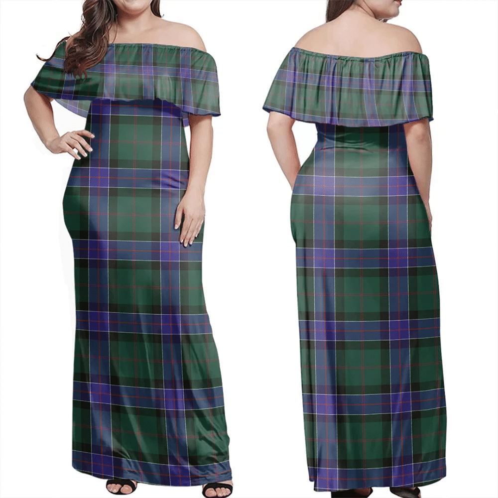 Sinclair Hunting Modern Tartan Off Shoulder Long Dress