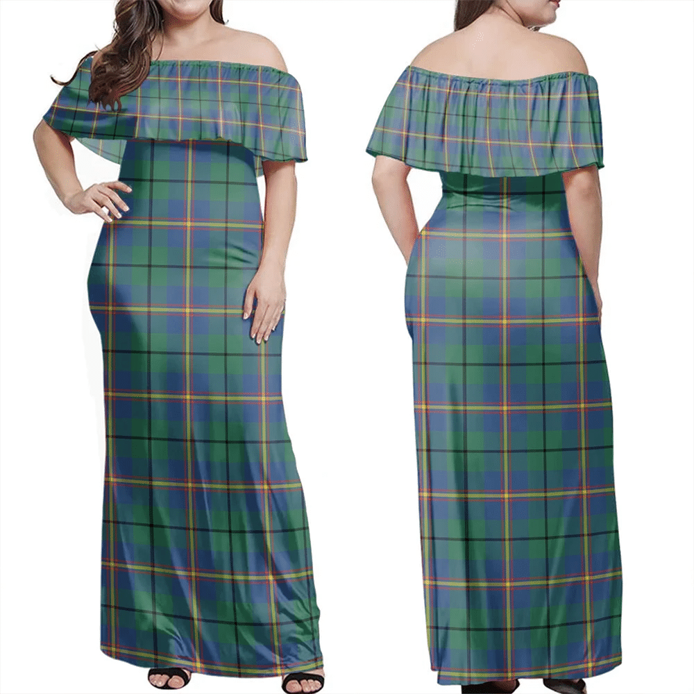 Carmichael Ancient Tartan Off Shoulder Long Dress