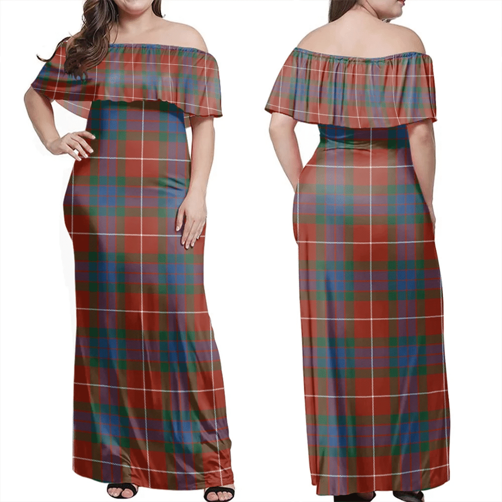 Fraser Ancient Tartan Off Shoulder Long Dress