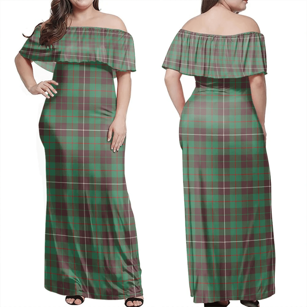 MacKinnon Hunting Ancient Tartan Off Shoulder Long Dress