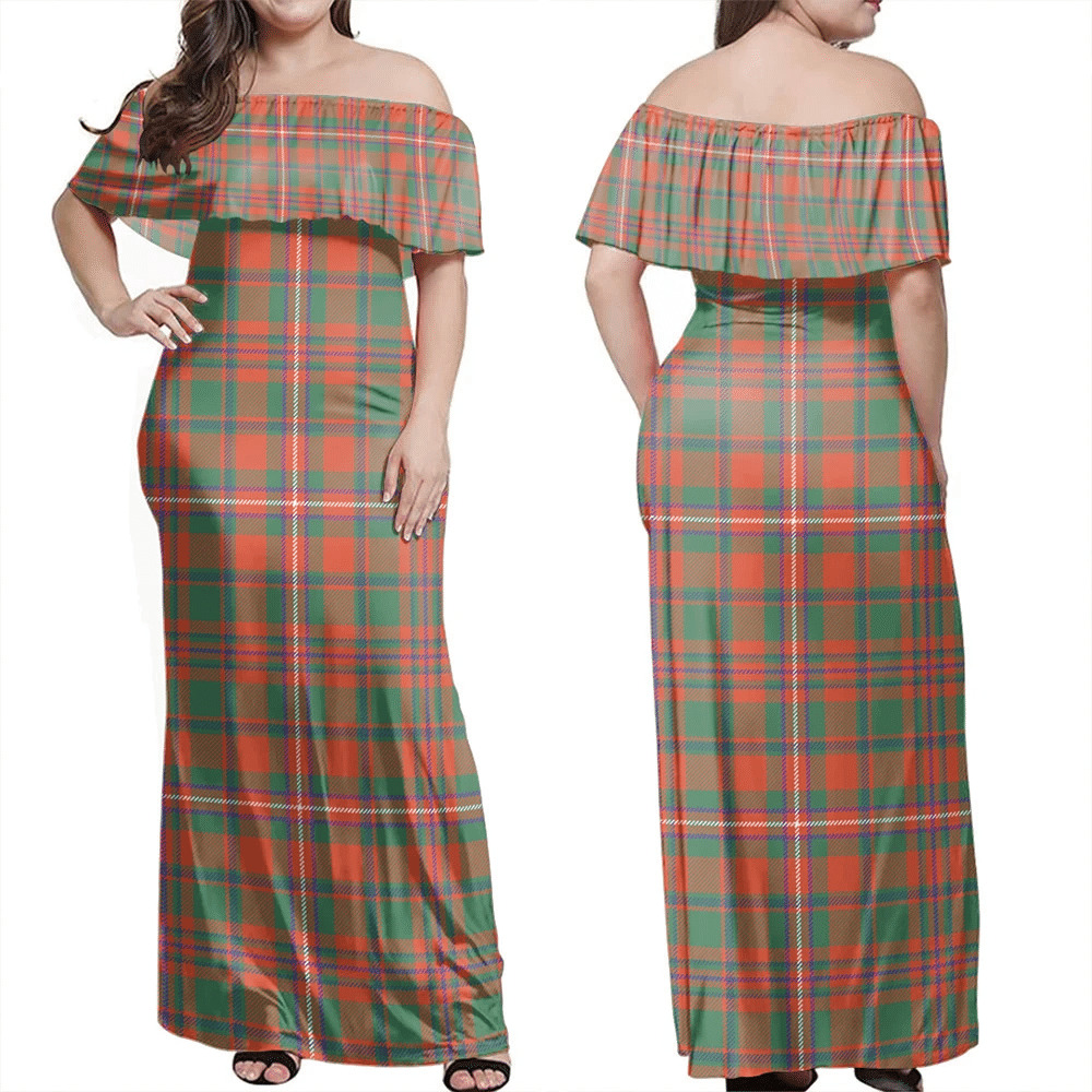 MacKinnon Ancient Tartan Off Shoulder Long Dress