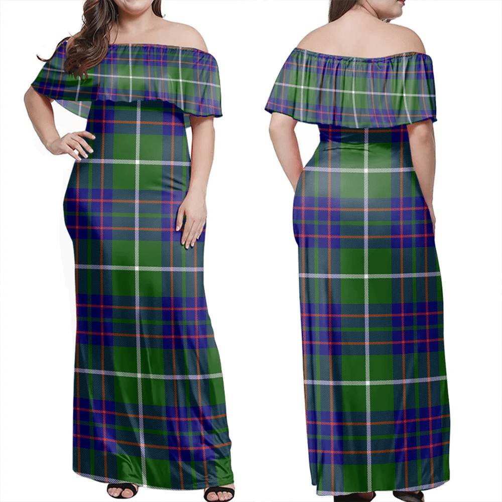 MacIntyre Hunting Modern Tartan Off Shoulder Long Dress