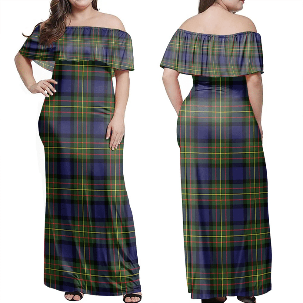 MacLaren Modern Tartan Off Shoulder Long Dress