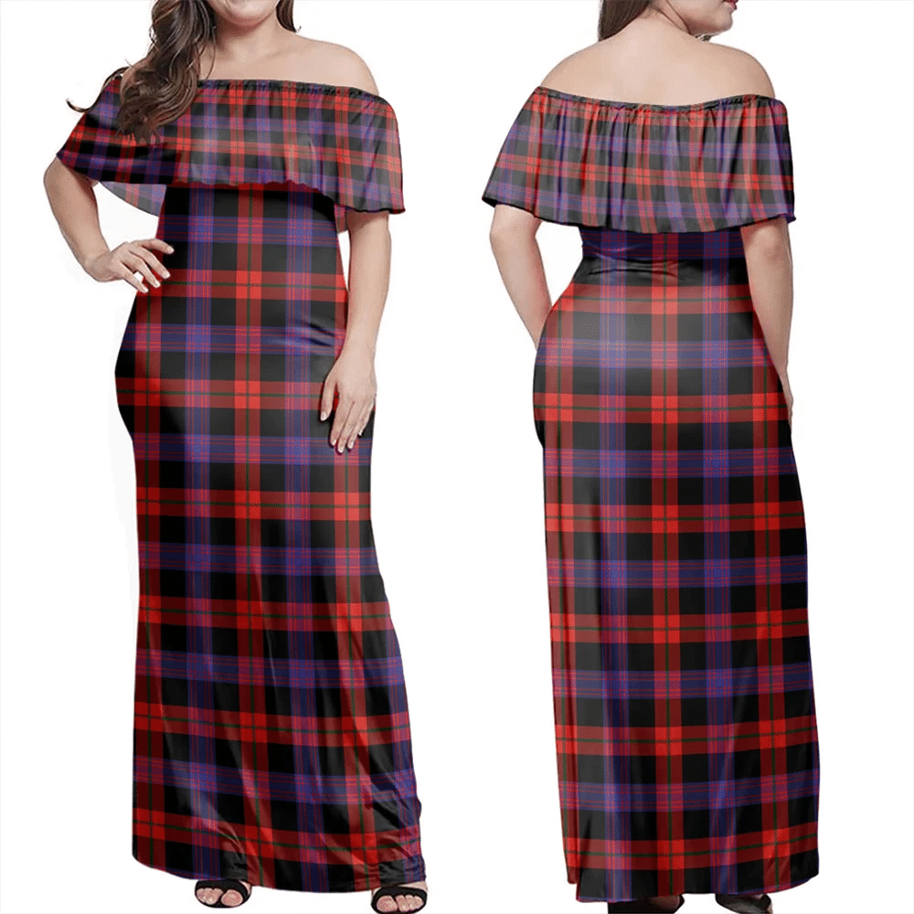 Brown Modern Tartan Off Shoulder Long Dress