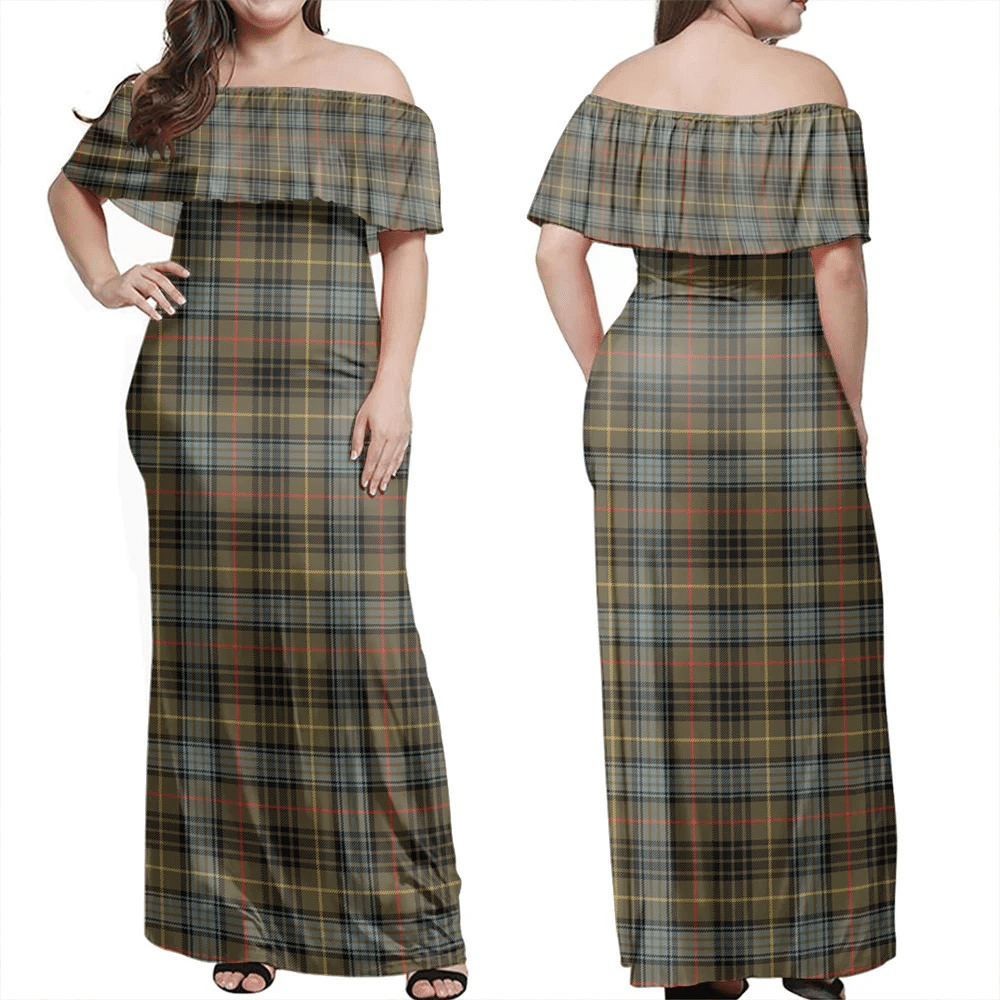 Stewart Hunting Weathered Tartan Off Shoulder Long Dress