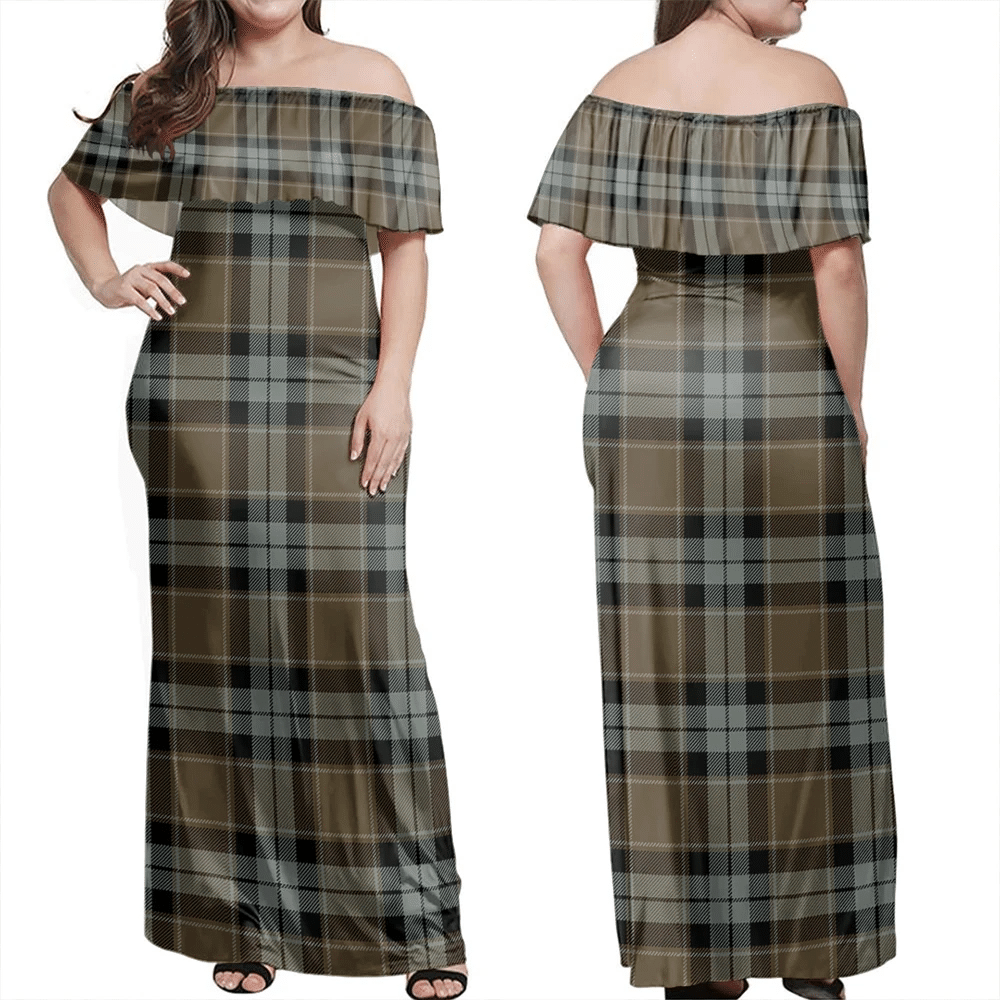 Graham Of Menteith Weathered Tartan Off Shoulder Long Dress