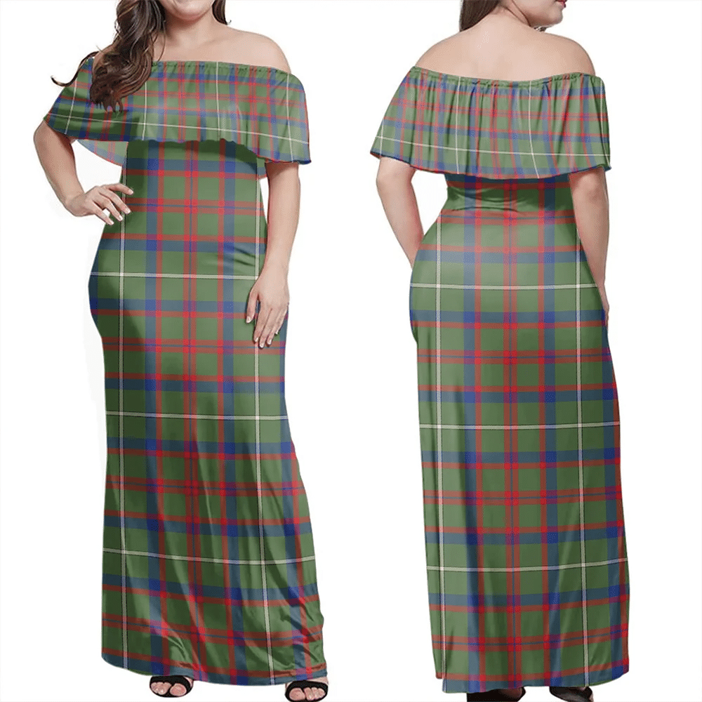 Shaw Green Modern Tartan Off Shoulder Long Dress