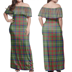 Shaw Green Modern Tartan Off Shoulder Long Dress