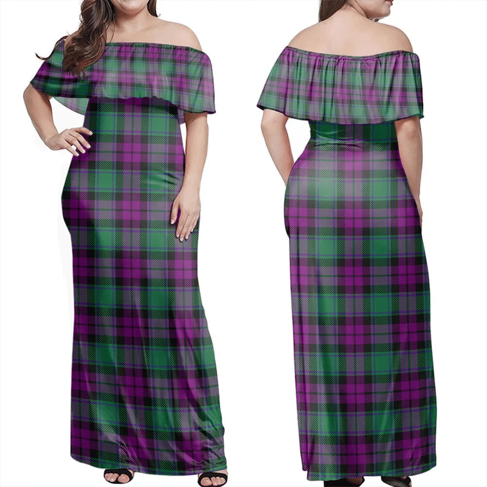 MacArthur Milton Tartan Off Shoulder Long Dress