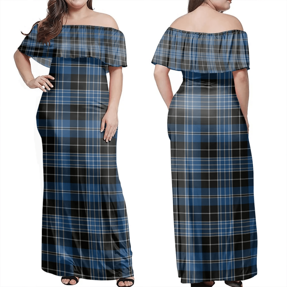 Clergy Blue Tartan Off Shoulder Long Dress