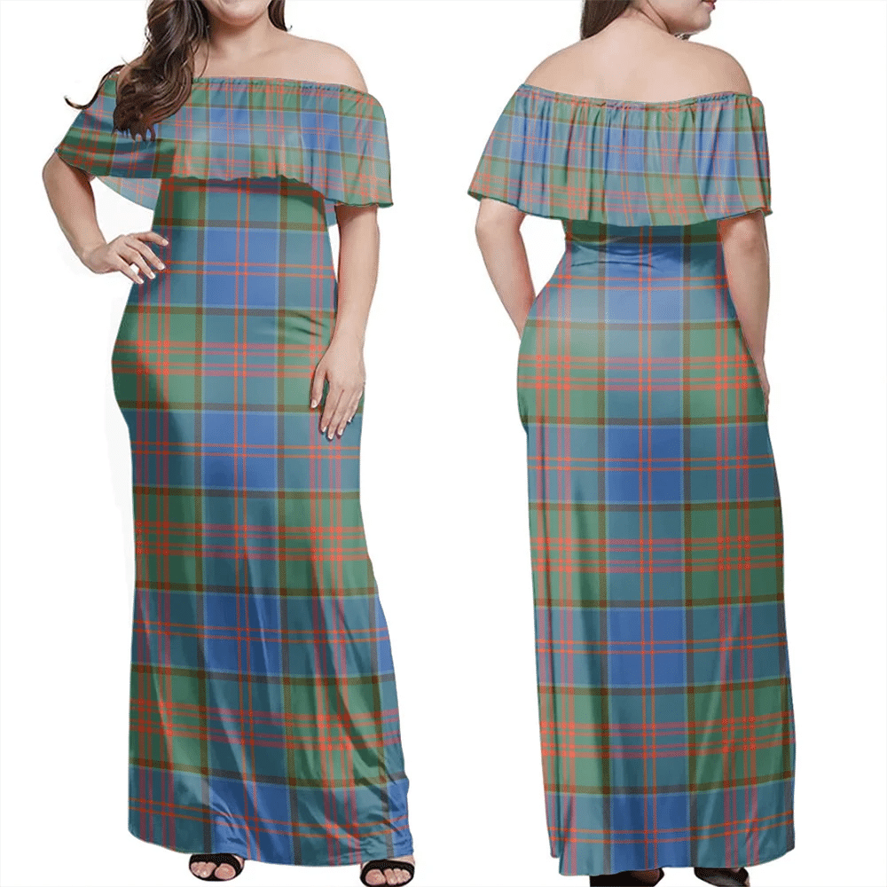 Stewart Of Appin Hunting Ancient Tartan Off Shoulder Long Dress