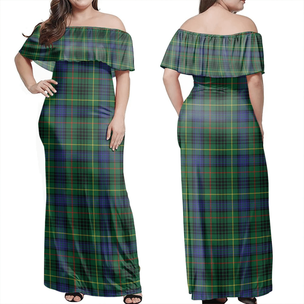 Stewart Hunting Modern Tartan Off Shoulder Long Dress