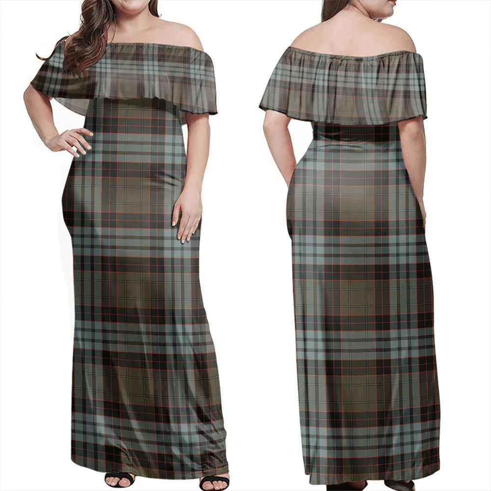 Stewart Old Weathered Tartan Off Shoulder Long Dress