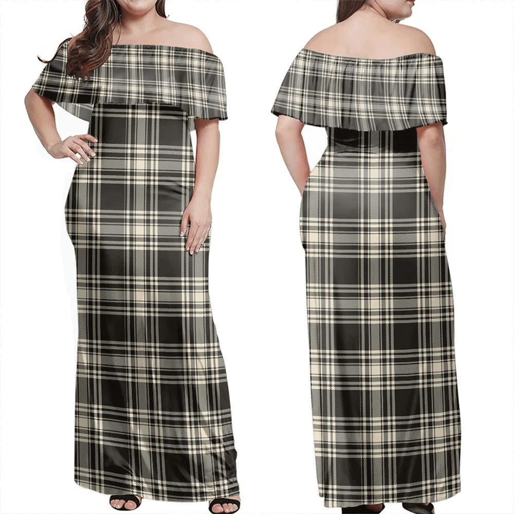 Menzies Black & White Ancient Tartan Off Shoulder Long Dress