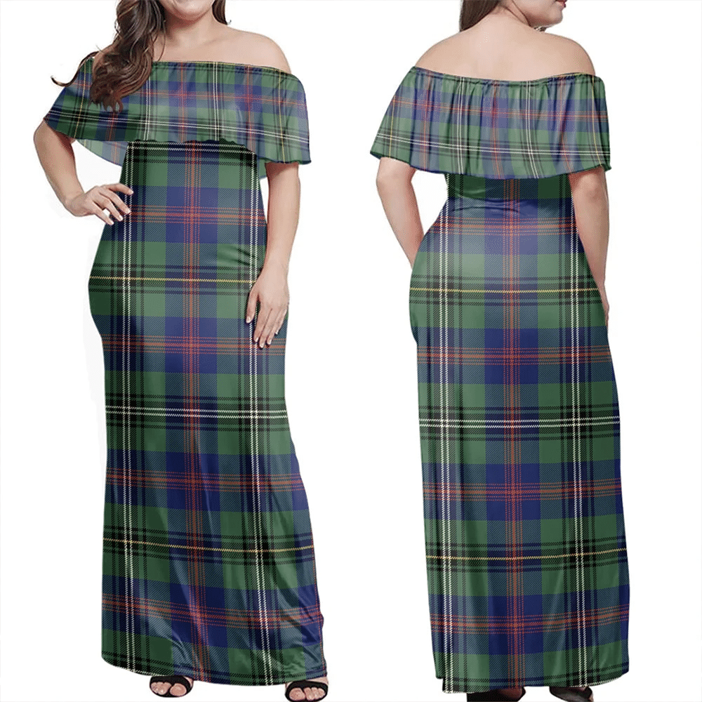 Wood Modern Tartan Off Shoulder Long Dress