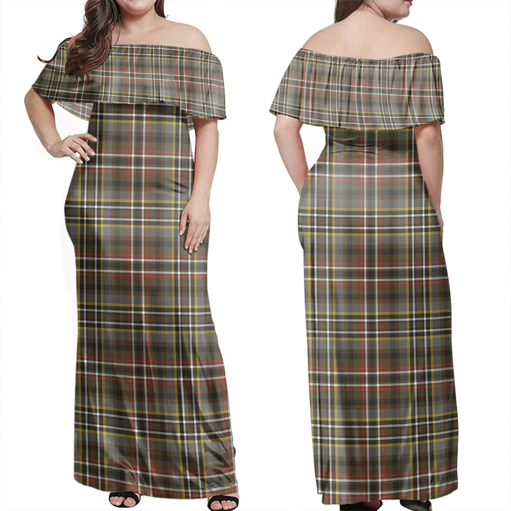 Scott Green Weathered Tartan Off Shoulder Long Dress