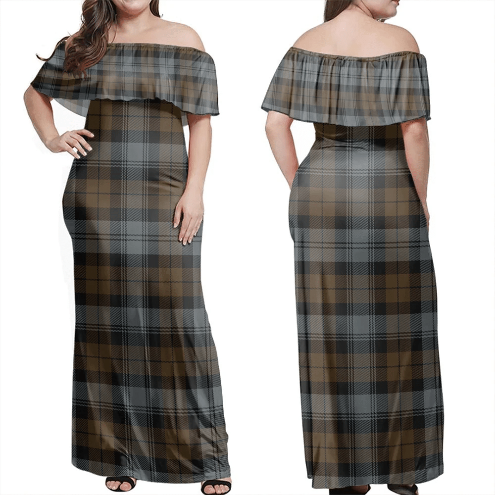 Blackwatch Weathered Tartan Off Shoulder Long Dress