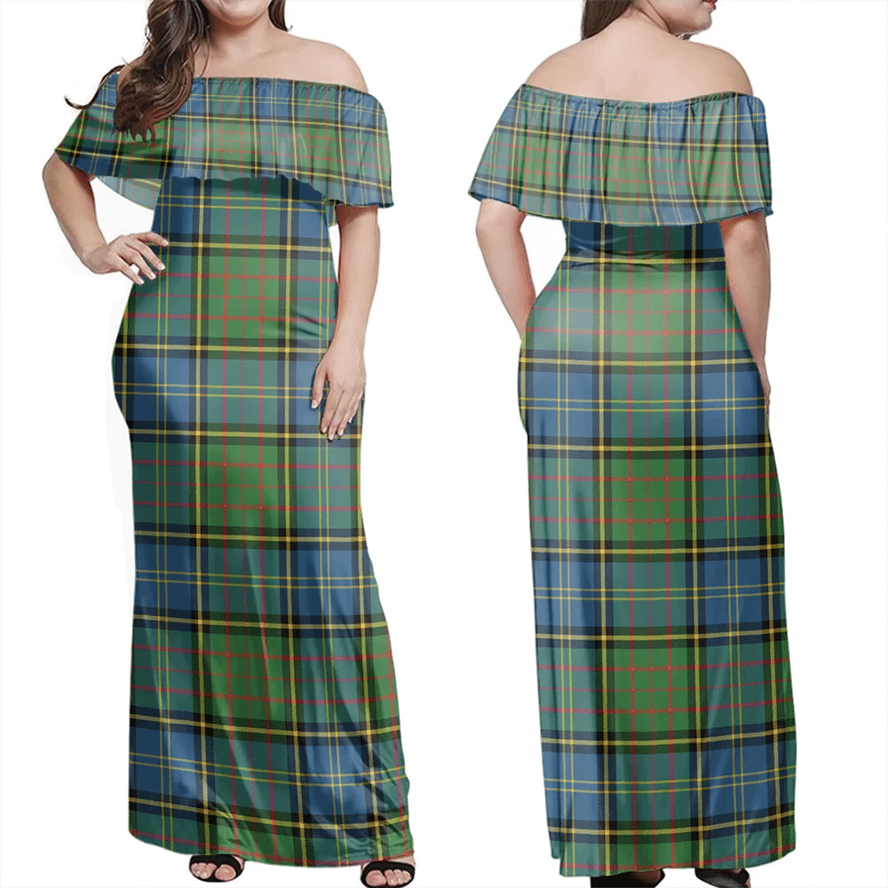 MacMillan Hunting Ancient Tartan Off Shoulder Long Dress