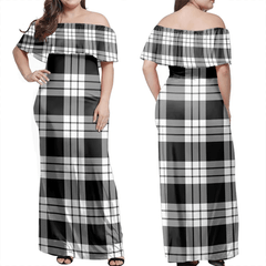 MacFarlane Black & White Ancient Tartan Off Shoulder Long Dress