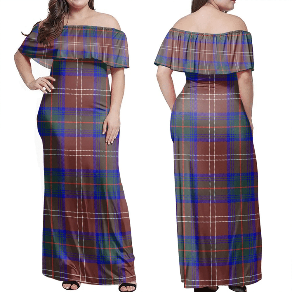 Chisholm Hunting Modern Tartan Off Shoulder Long Dress