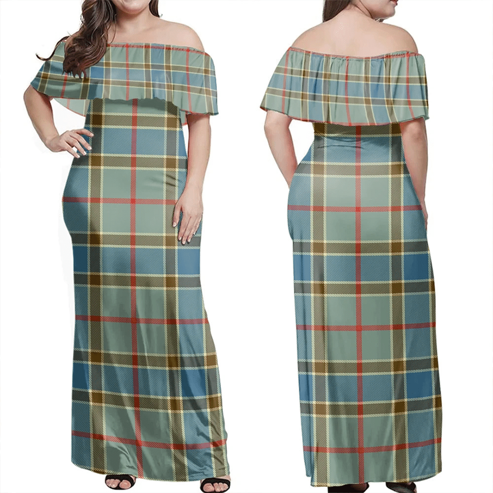 Balfour Blue Tartan Off Shoulder Long Dress