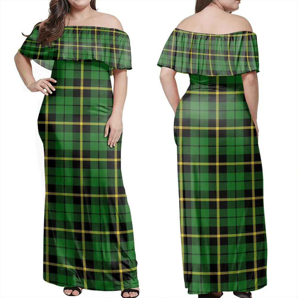 Wallace Hunting Green Tartan Off Shoulder Long Dress