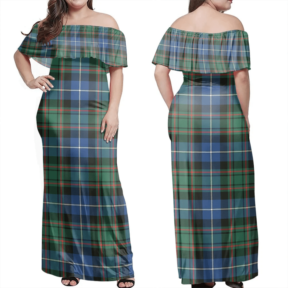 MacRae Hunting Ancient Tartan Off Shoulder Long Dress