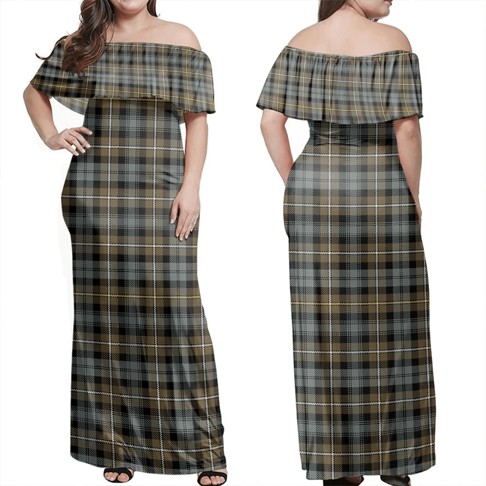 Campbell Argyll Weathered Tartan Off Shoulder Long Dress