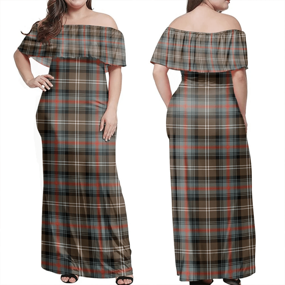 Sutherland Weathered Tartan Off Shoulder Long Dress