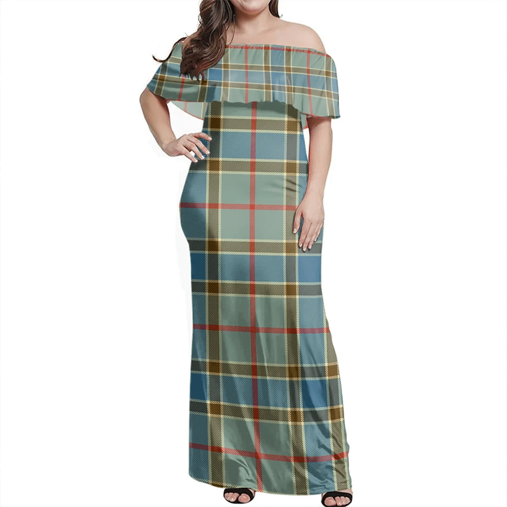 Balfour Blue Tartan Off Shoulder Long Dress