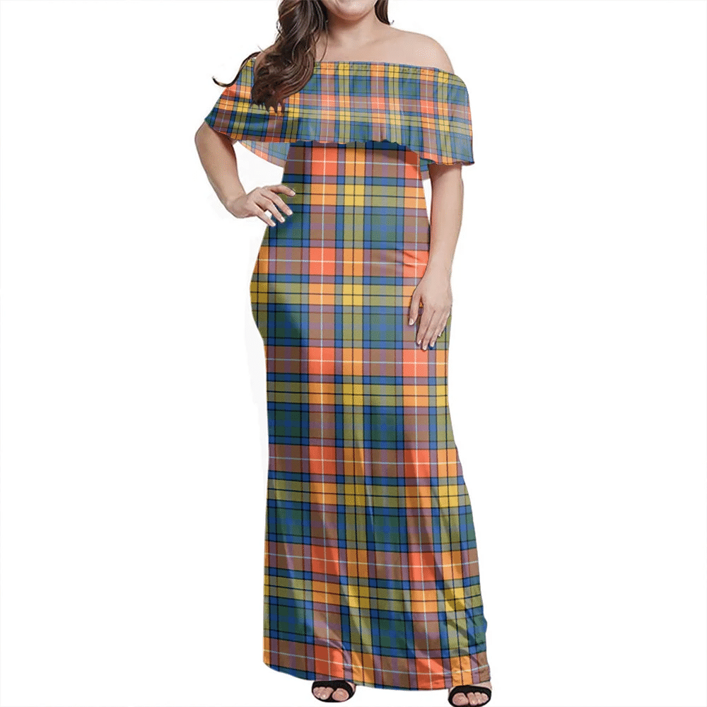 Buchanan Ancient Tartan Off Shoulder Long Dress