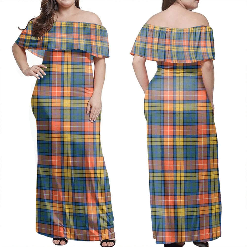 Buchanan Ancient Tartan Off Shoulder Long Dress