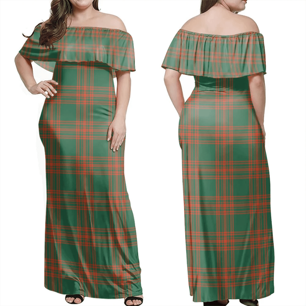 Menzies Green Ancient Tartan Off Shoulder Long Dress