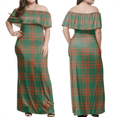 Menzies Green Ancient Tartan Off Shoulder Long Dress