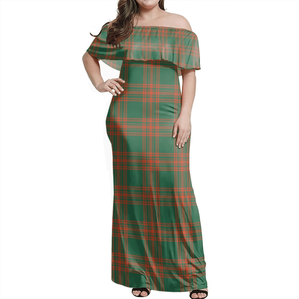 Menzies Green Ancient Tartan Off Shoulder Long Dress