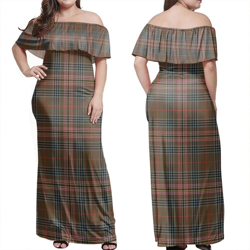 Kennedy Weathered Tartan Off Shoulder Long Dress