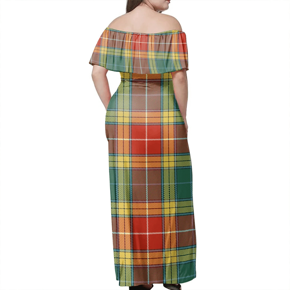 Buchanan Old Set Weathered Tartan Off Shoulder Long Dress