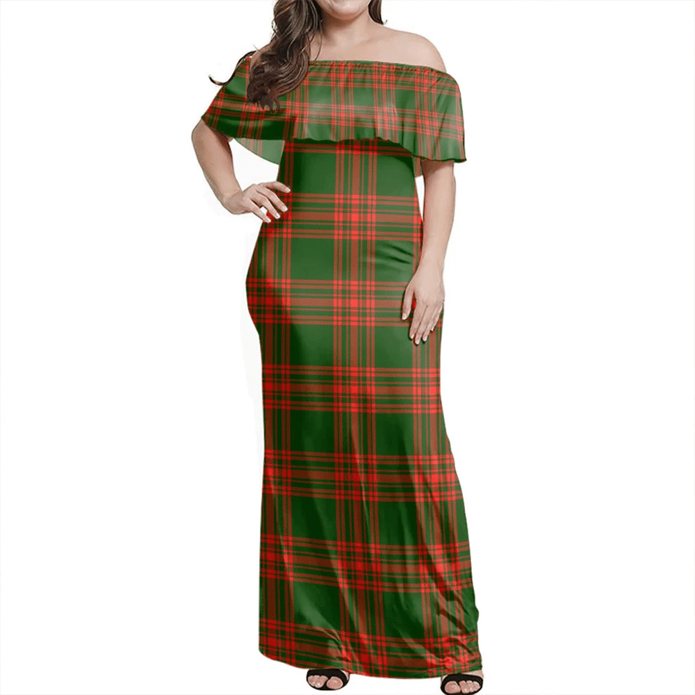 Menzies Green Modern Tartan Off Shoulder Long Dress