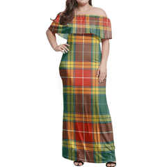 Buchanan Old Set Weathered Tartan Off Shoulder Long Dress